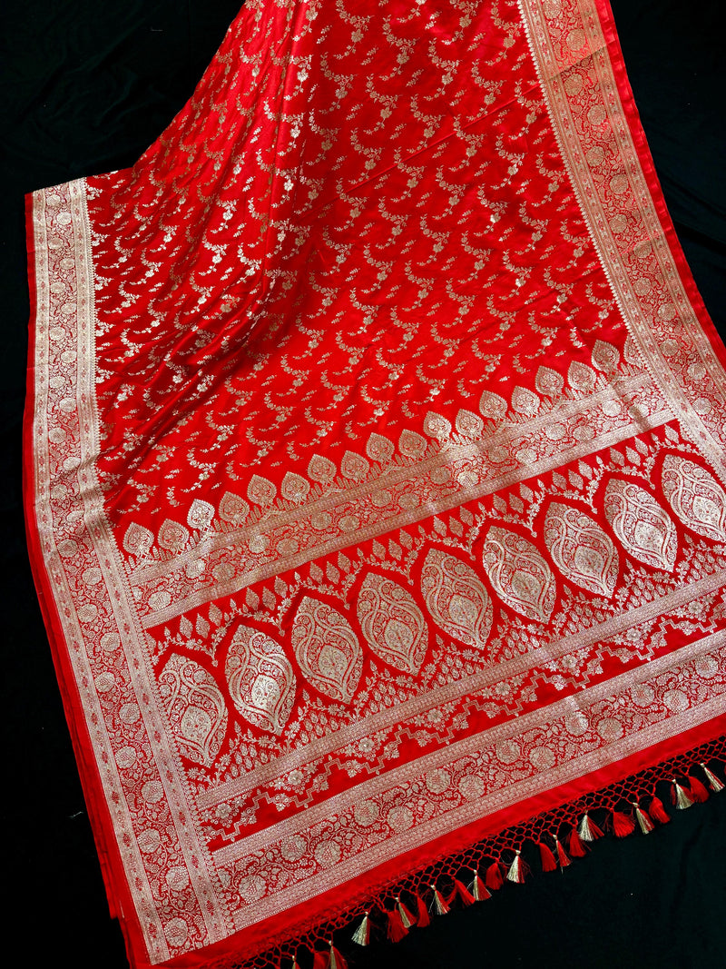 Red Color Soft Mashru Silk handloom Saree with Muted Gold Zari Weave with Banarasi Border and Pallu | Banarasi Mashru Silk Saree