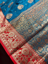 Teal Blue with Green Combination Semi-Tussar Silk Saree With Antique Zari Weaving Work | Tussar Silk Saree | Silk Sarees