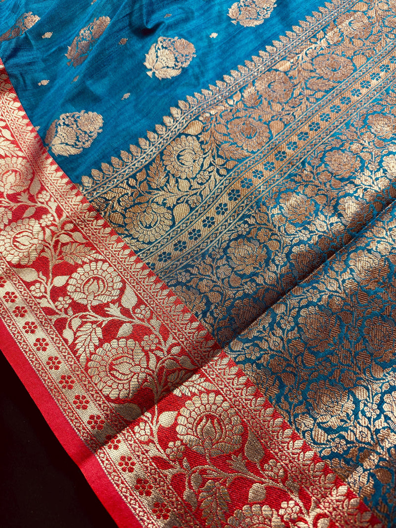 Teal Blue with Green Combination Semi-Tussar Silk Saree With Antique Zari Weaving Work | Tussar Silk Saree | Silk Sarees