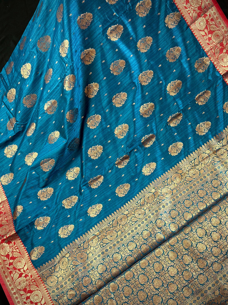 Teal Blue with Green Combination Semi-Tussar Silk Saree With Antique Zari Weaving Work | Tussar Silk Saree | Silk Sarees