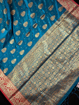 Teal Blue with Green Combination Semi-Tussar Silk Saree With Antique Zari Weaving Work | Tussar Silk Saree | Silk Sarees