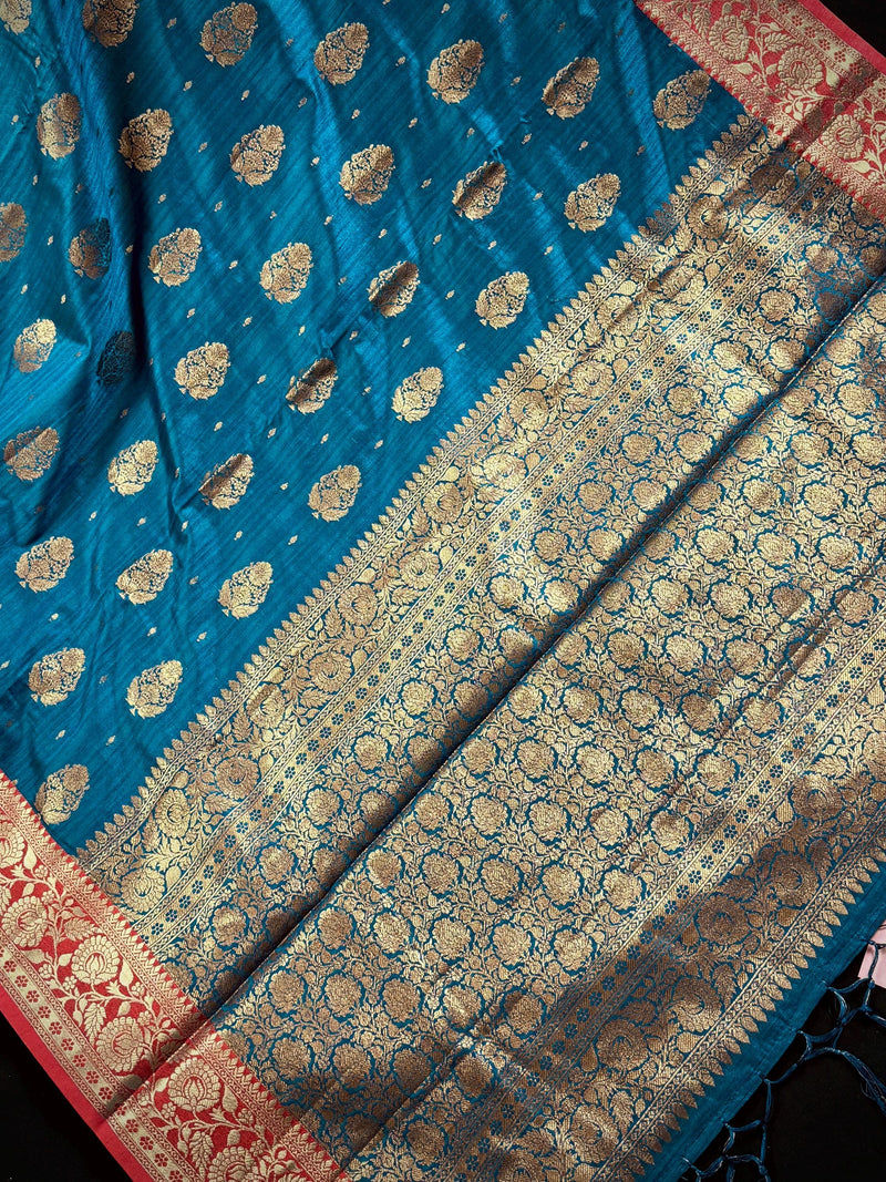 Teal Blue with Green Combination Semi-Tussar Silk Saree With Antique Zari Weaving Work | Tussar Silk Saree | Silk Sarees