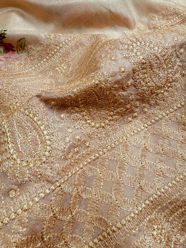 Pastel Light Peach Color Floral Print Saree with Lucknowi Embroidery and Crochet Lace Work | Satin Silk Saree | Floral Saree | Summer Saree
