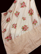Pastel Light Peach Color Floral Print Saree with Lucknowi Embroidery and Crochet Lace Work | Satin Silk Saree | Floral Saree | Summer Saree
