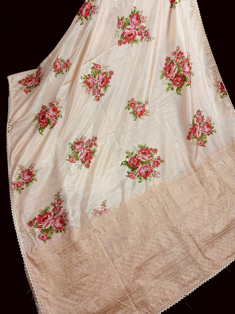 Pastel Light Peach Color Floral Print Saree with Lucknowi Embroidery and Crochet Lace Work | Satin Silk Saree | Floral Saree | Summer Saree