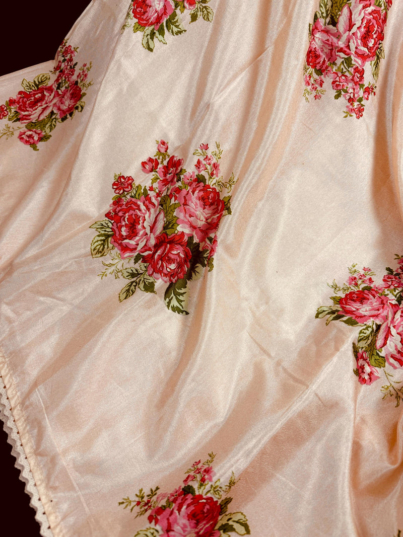 Pastel Light Peach Color Floral Print Saree with Lucknowi Embroidery and Crochet Lace Work | Satin Silk Saree | Floral Saree | Summer Saree