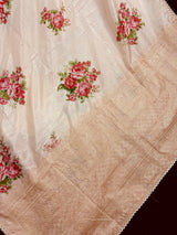 Pastel Light Peach Color Floral Print Saree with Lucknowi Embroidery and Crochet Lace Work | Satin Silk Saree | Floral Saree | Summer Saree