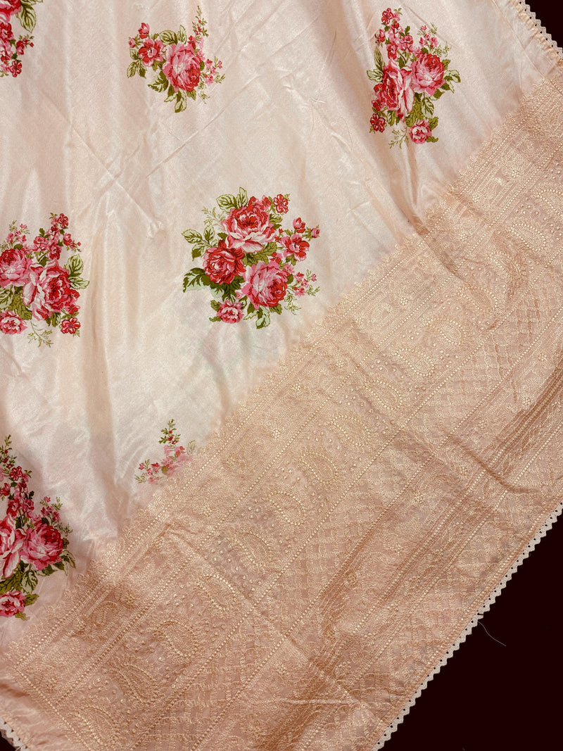 Pastel Light Peach Color Floral Print Saree with Lucknowi Embroidery and Crochet Lace Work | Satin Silk Saree | Floral Saree | Summer Saree