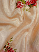 Pastel Light Peach Color Floral Print Saree with Lucknowi Embroidery and Crochet Lace Work | Satin Silk Saree | Floral Saree | Summer Saree