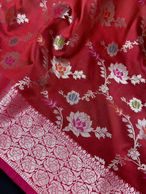 Statement Handmade Deep Red Color Banarasi Semi Katan Silk Saree with Meenakari and Muted Gold Zari Weave with Floral Jaal