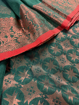 Bottle Green Color Handloom Bengal Linen Silk Saree with Red Borders and Cooper Zari Weaving  | Linen Saree  | Handwoven Sarees