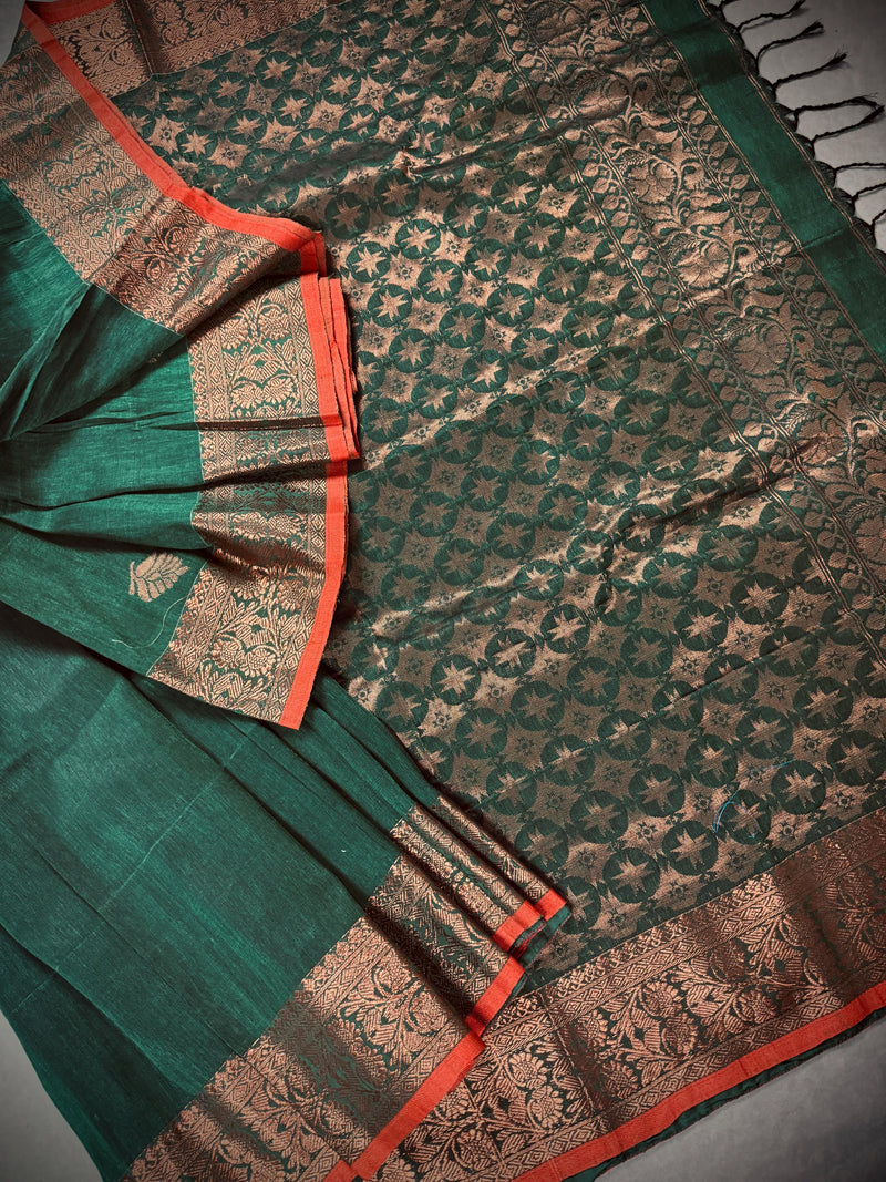 Bottle Green Color Handloom Bengal Linen Silk Saree with Red Borders and Cooper Zari Weaving  | Linen Saree  | Handwoven Sarees