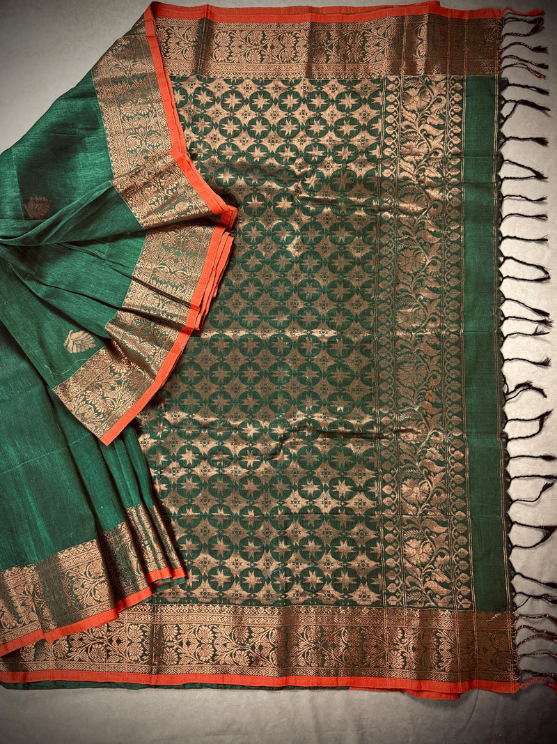Bottle Green Color Handloom Bengal Linen Silk Saree with Red Borders and Cooper Zari Weaving  | Linen Saree  | Handwoven Sarees