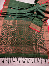 Bottle Green Color Handloom Bengal Linen Silk Saree with Red Borders and Cooper Zari Weaving  | Linen Saree  | Handwoven Sarees