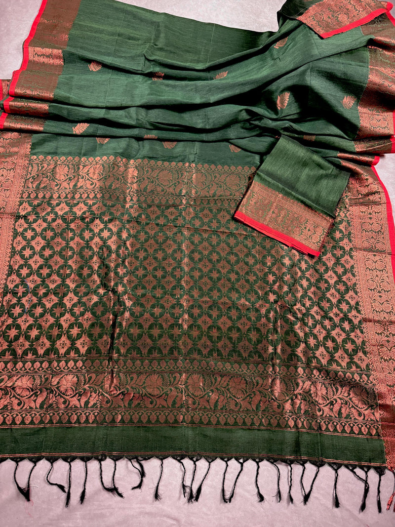 Bottle Green Color Handloom Bengal Linen Silk Saree with Red Borders and Cooper Zari Weaving  | Linen Saree  | Handwoven Sarees