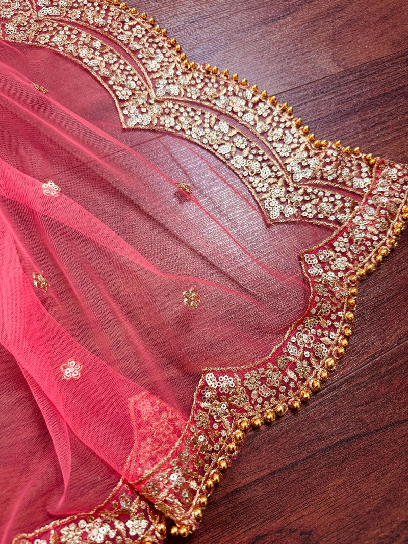 Coral Peach Color Net Dupatta with Gold Zari, Sequin and Beads | Peach Color Wedding Dupatta | Sequin Dupattas | Indian Dupatta for Lehanga