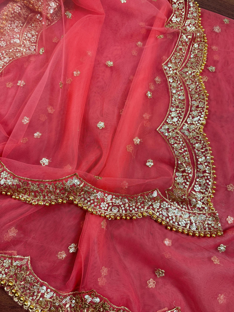 Coral Peach Color Net Dupatta with Gold Zari, Sequin and Beads | Peach Color Wedding Dupatta | Sequin Dupattas | Indian Dupatta for Lehanga