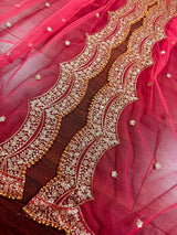 Coral Peach Color Net Dupatta with Gold Zari, Sequin and Beads | Peach Color Wedding Dupatta | Sequin Dupattas | Indian Dupatta for Lehanga