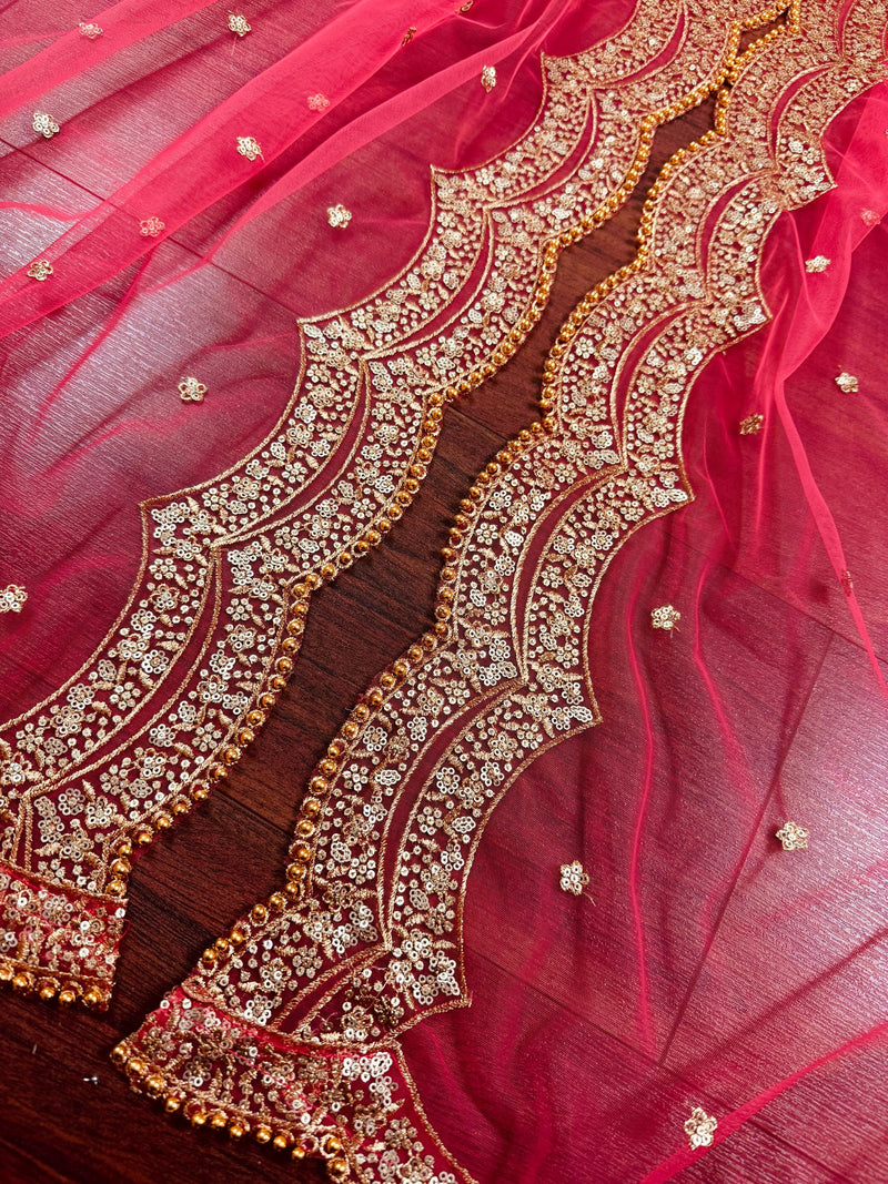 Coral Peach Color Net Dupatta with Gold Zari, Sequin and Beads | Peach Color Wedding Dupatta | Sequin Dupattas | Indian Dupatta for Lehanga