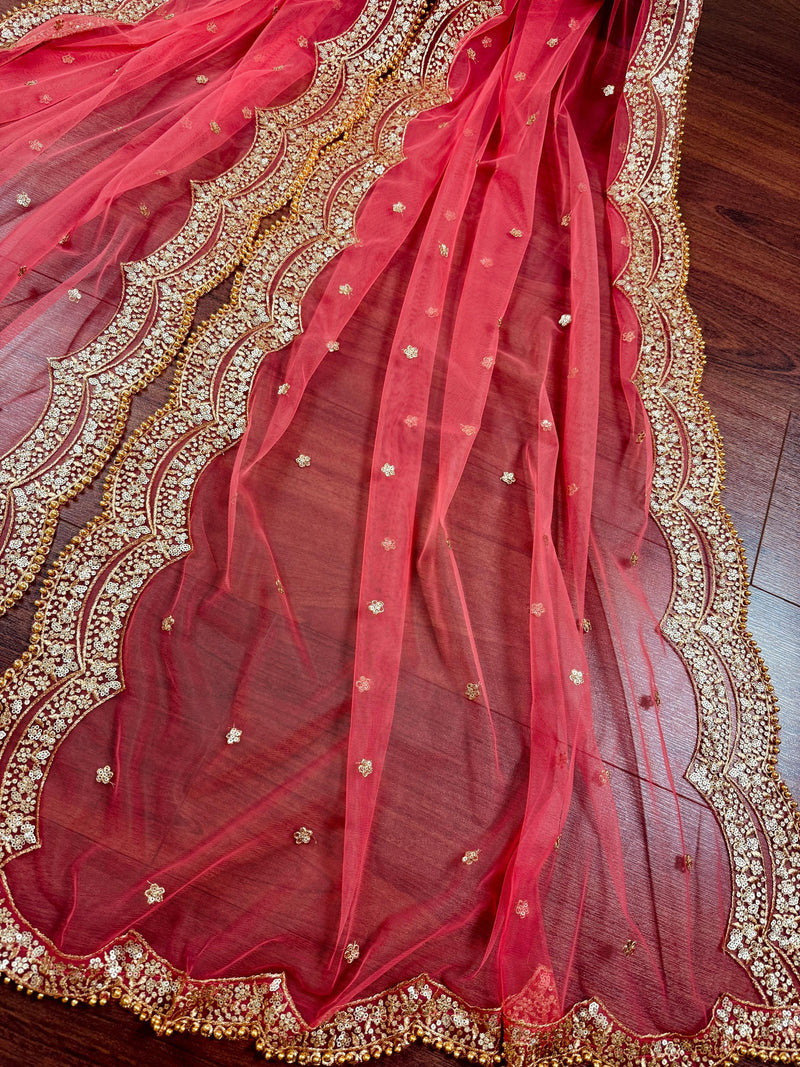 Coral Peach Color Net Dupatta with Gold Zari, Sequin and Beads | Peach Color Wedding Dupatta | Sequin Dupattas | Indian Dupatta for Lehanga