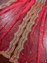 Coral Peach Color Net Dupatta with Gold Zari, Sequin and Beads | Peach Color Wedding Dupatta | Sequin Dupattas | Indian Dupatta for Lehanga