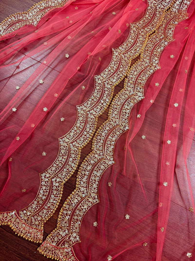Coral Peach Color Net Dupatta with Gold Zari, Sequin and Beads | Peach Color Wedding Dupatta | Sequin Dupattas | Indian Dupatta for Lehanga
