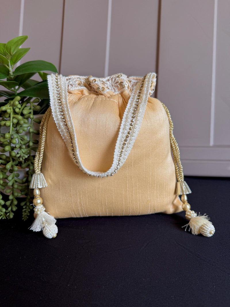 Beige Color Wedding Potli Bag | Handmade Embellished Pearl and Artifical Mirrors | Desi Indian Pakistani Wedding Purse | Evening Party Purse