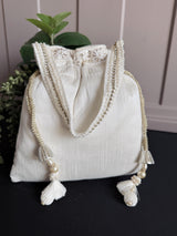Pearl White Color Wedding Potli Bag | Handmade Embellished Pearl and Zircon | Desi Indian Pakistani Wedding Purse | Evening Party Purse