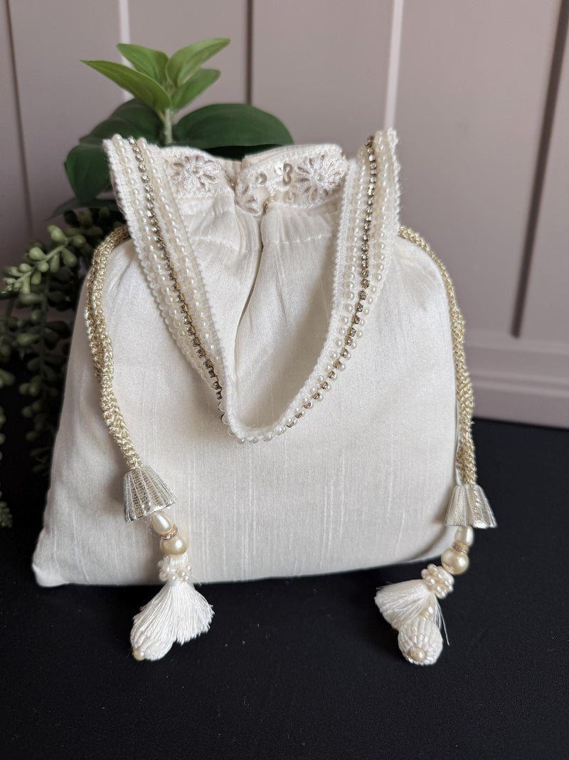 Pearl White Color Wedding Potli Bag | Handmade Embellished Pearl and Zircon | Desi Indian Pakistani Wedding Purse | Evening Party Purse