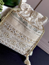Pearl White Color Wedding Potli Bag | Handmade Embellished Pearl and Zircon | Desi Indian Pakistani Wedding Purse | Evening Party Purse