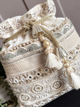 Pearl White Color Wedding Potli Bag | Handmade Embellished Pearl and Zircon | Desi Indian Pakistani Wedding Purse | Evening Party Purse