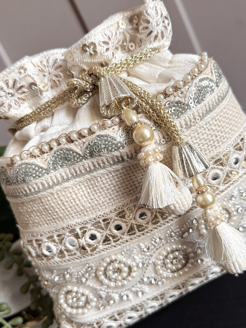 Pearl White Color Wedding Potli Bag | Handmade Embellished Pearl and Zircon | Desi Indian Pakistani Wedding Purse | Evening Party Purse