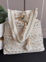 Pearl White Color Wedding Potli Bag | Handmade Embellished Pearl and Zircon | Desi Indian Pakistani Wedding Purse | Evening Party Purse