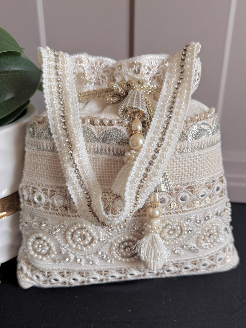 Pearl White Color Wedding Potli Bag | Handmade Embellished Pearl and Zircon | Desi Indian Pakistani Wedding Purse | Evening Party Purse
