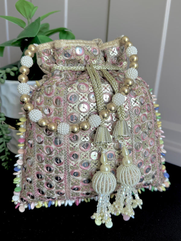 Multi Color Wedding Potli Bag | Handmade Embellished Sequin and Artifical Mirror | Desi Indian Pakistani Wedding Purse | Evening Party Purse