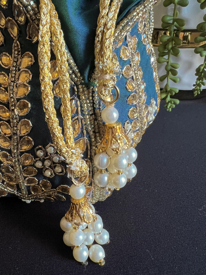 Teal Color Wedding Potli Bag | Handmade Embellished Stone and Pearl |  Desi Indian Pakistani Wedding Purse | Evening Party Purse