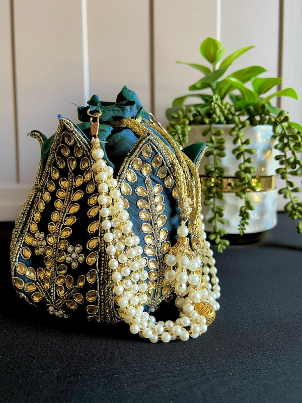 Teal Color Wedding Potli Bag | Handmade Embellished Stone and Pearl |  Desi Indian Pakistani Wedding Purse | Evening Party Purse