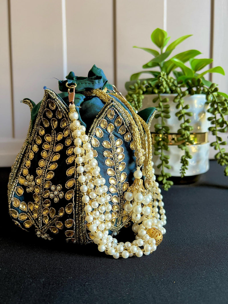 Teal Color Wedding Potli Bag | Handmade Embellished Stone and Pearl |  Desi Indian Pakistani Wedding Purse | Evening Party Purse