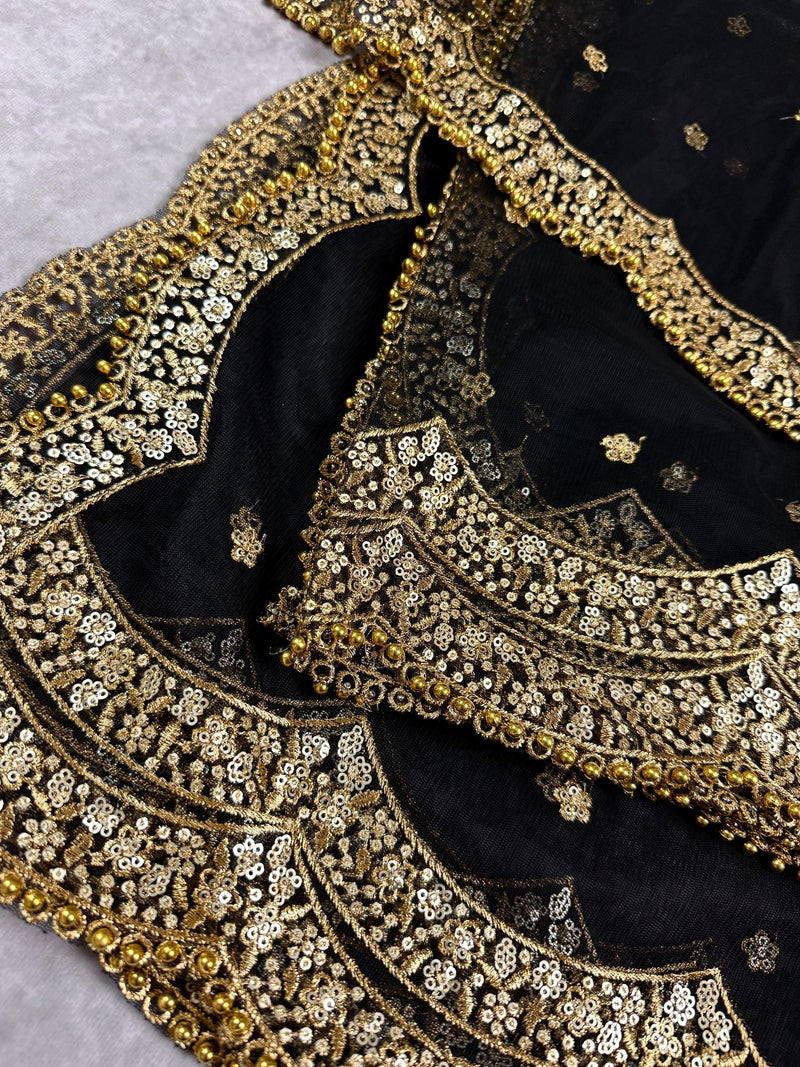 Black Color Net Dupatta with Gold Zari, Sequin and Beads | Black Color Dupatta | Sequin Wedding Dupatta | Indian Dupatta for Lehanga