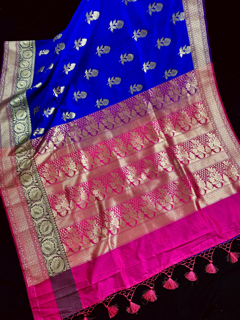 Royal Blue with Bottle Green and Dark Pink Color combination Traditional Handloom Banarasi Saree with Satin Border | Handwoven Sarees