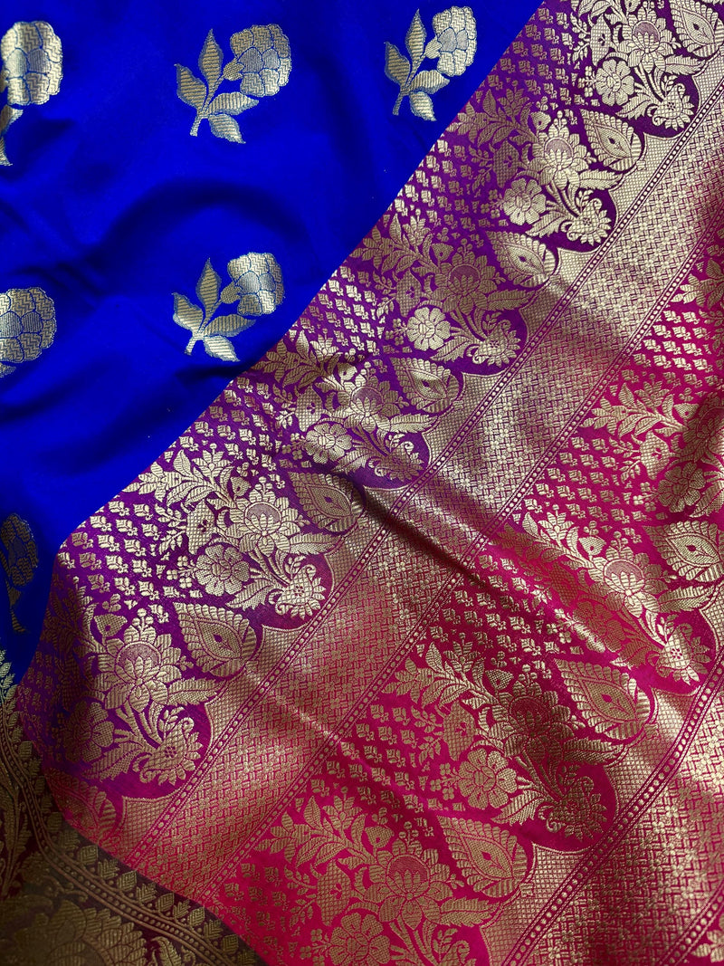 Royal Blue with Bottle Green and Dark Pink Color combination Traditional Handloom Banarasi Saree with Satin Border | Handwoven Sarees