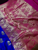 Royal Blue with Bottle Green and Dark Pink Color combination Traditional Handloom Banarasi Saree with Satin Border | Handwoven Sarees