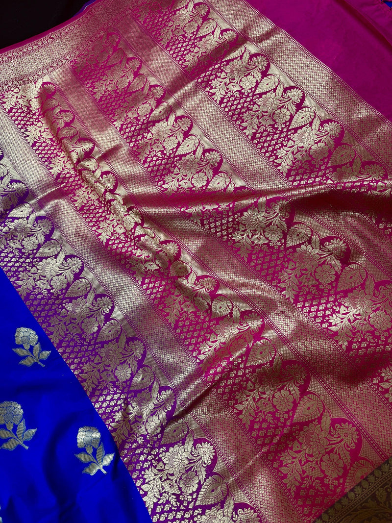 Royal Blue with Bottle Green and Dark Pink Color combination Traditional Handloom Banarasi Saree with Satin Border | Handwoven Sarees