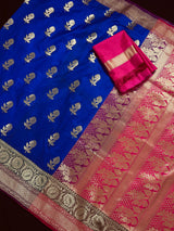 Royal Blue with Bottle Green and Dark Pink Color combination Traditional Handloom Banarasi Saree with Satin Border | Handwoven Sarees
