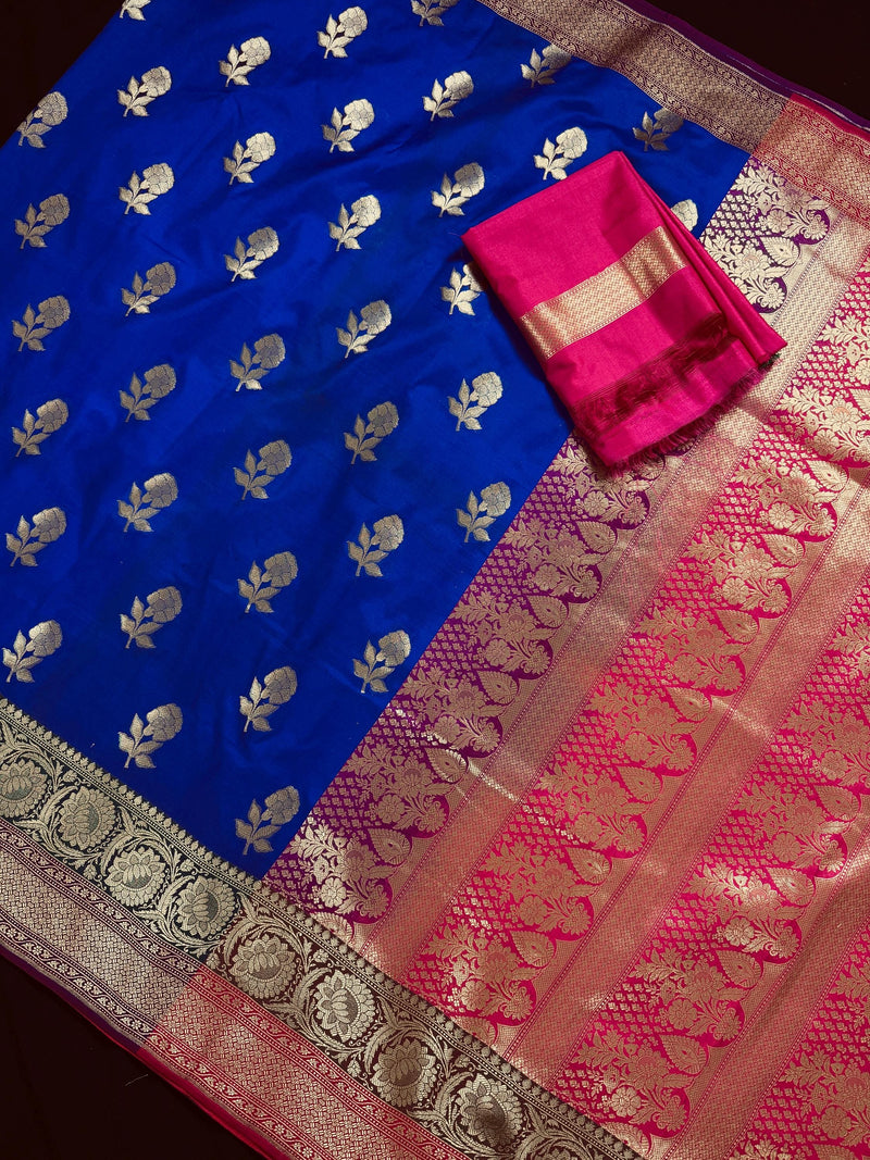 Royal Blue with Bottle Green and Dark Pink Color combination Traditional Handloom Banarasi Saree with Satin Border | Handwoven Sarees