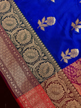 Royal Blue with Bottle Green and Dark Pink Color combination Traditional Handloom Banarasi Saree with Satin Border | Handwoven Sarees