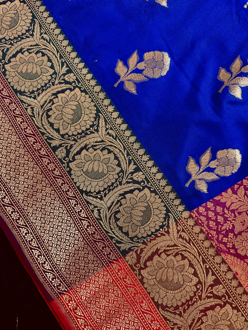Royal Blue with Bottle Green and Dark Pink Color combination Traditional Handloom Banarasi Saree with Satin Border | Handwoven Sarees