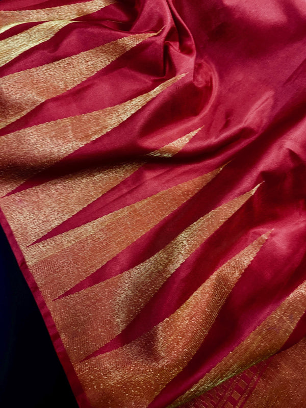 Ruby Red Pure Kanjivaram Silk Saree with Zari Temple Border | SILK MARK CERTIFIED
