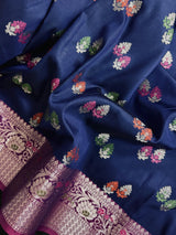 Statement Blue Color Banarasi Semi Katan Silk Saree with Meenakari and Sliver Zari Weave