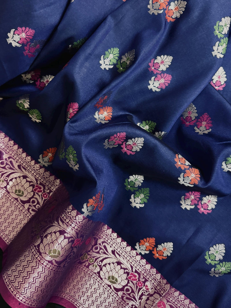 Statement Blue Color Banarasi Semi Katan Silk Saree with Meenakari and Sliver Zari Weave